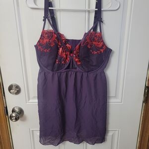 Cacique Purple Chemise with Red Floral Lace